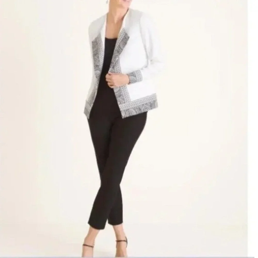 Chico's Blazer‎ Paisley Border Print Open Front, Women 3 (16/18) White Black